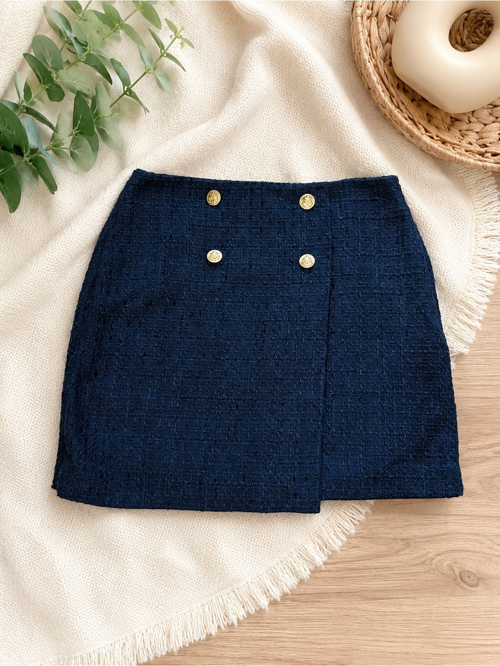 LOFT Navy Tweed Mini Skirt with Gold Buttons